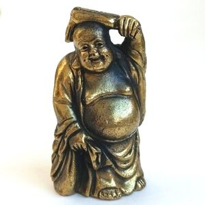 Beautiful Antique Brass Happy Buddha 2" Brass Figurine Holding a Fan